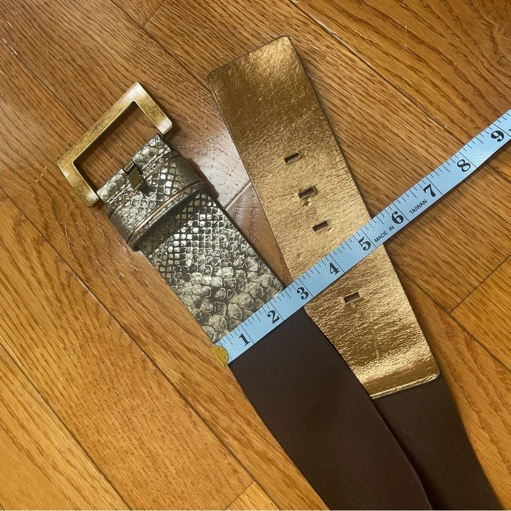 Nine West Bronze Leather and Wide Elastic Stretch Belt Brass Buckle L/XL
